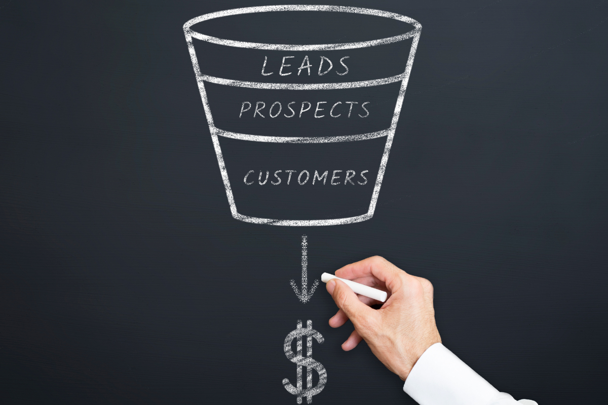Chalkboard marketing funnel showing leads, prospects, and customers converting to revenue—illustrating a full-funnel OTT and CTV advertising strategy.