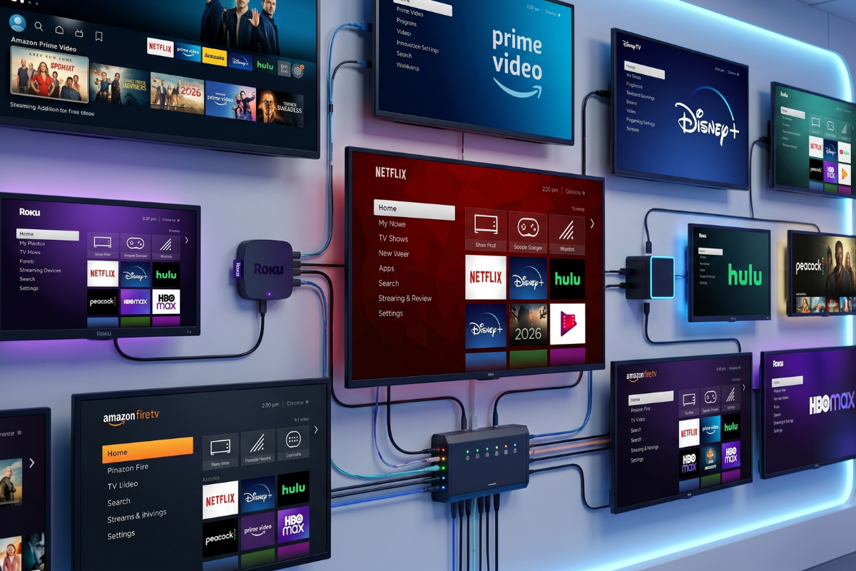 A collection of connected TV streaming devices and screens showing logos for Roku, Hulu, Disney+, Amazon Prime Video, and Netflix to compare advertising inventory options.